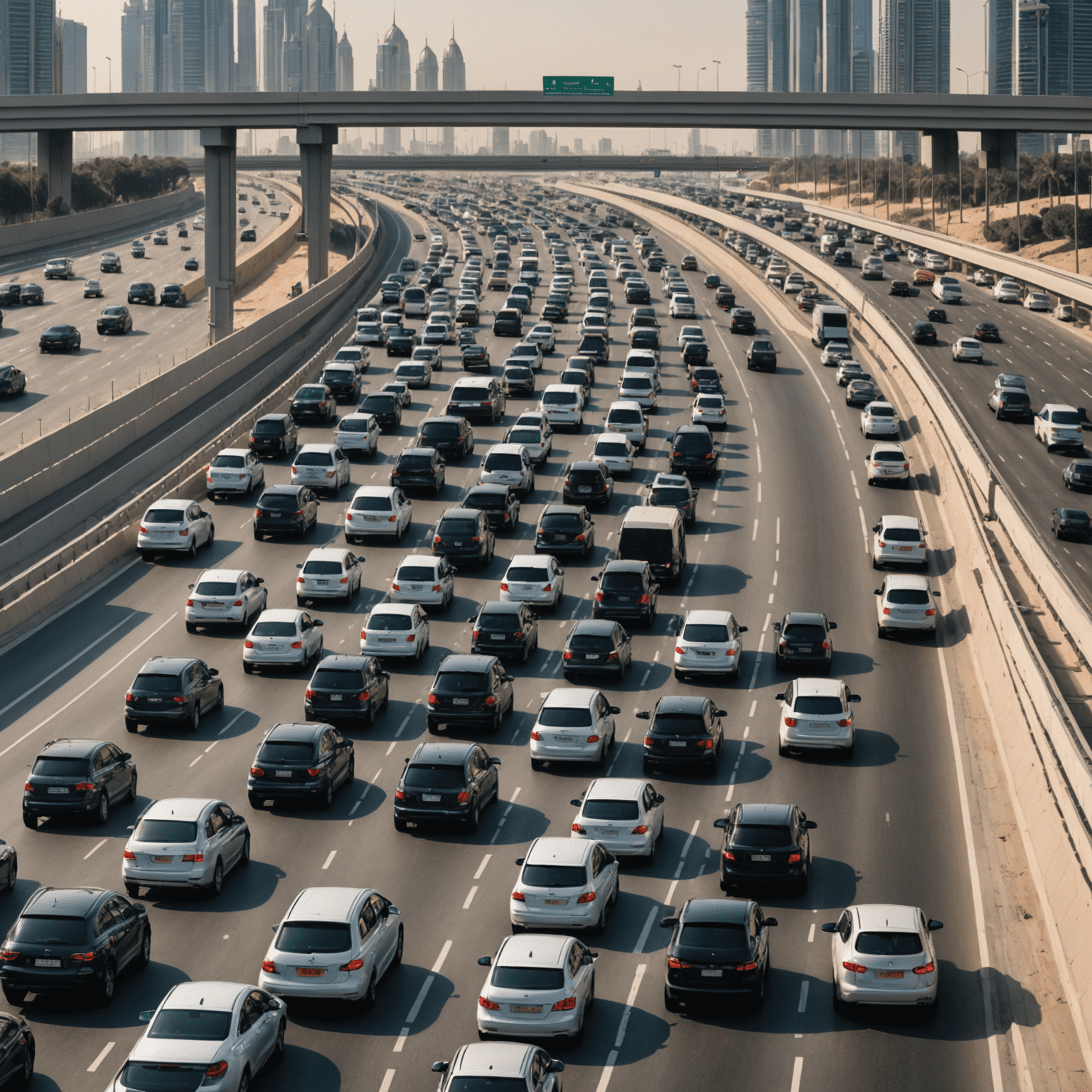 صورة لحركة المرور الكثيفة على طريق سريع في دبي، مع سيارات متوقفة في طوابير طويلة وإشارات مرورية برتقالية تحذر من الازدحام