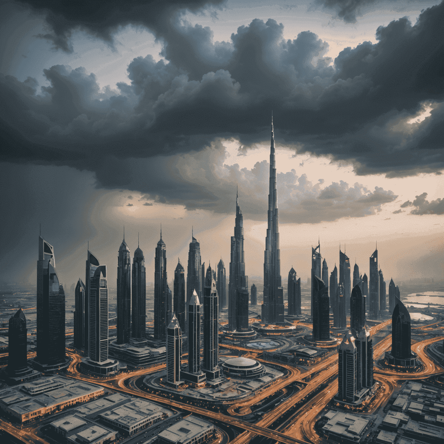 صورة لسماء ملبدة بالغيوم فوق أفق مدينة دبي، مع رذاذ مطر خفيف يتساقط على الشوارع المزدحمة